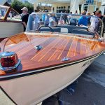 wooden boat selected best classic outboard power on a trailer in the street
