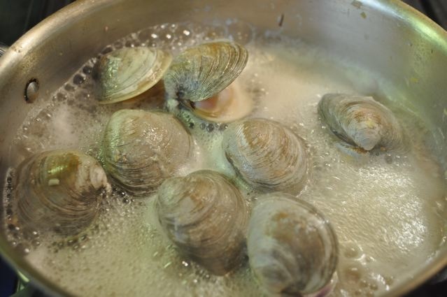 clams in a pot of simmering water