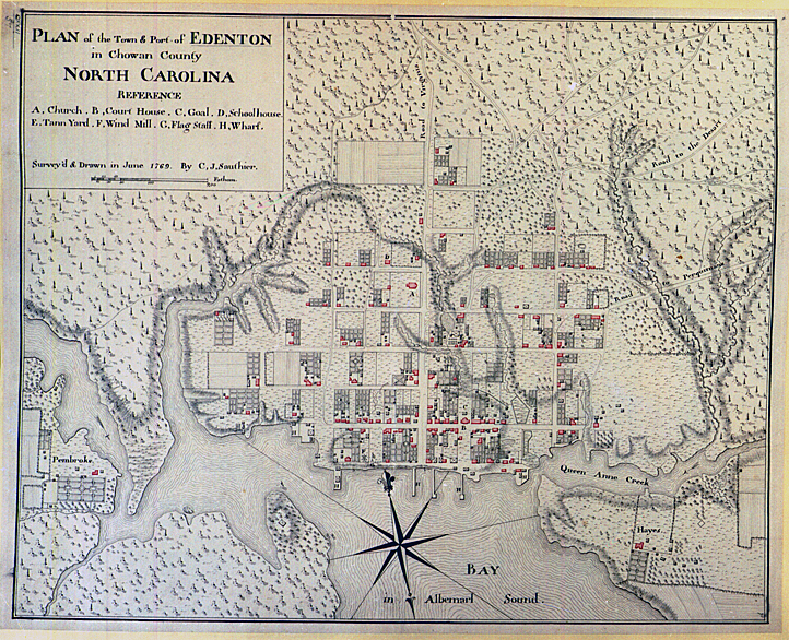 Colonial era hand-drawn map of the port of Edenton, North Carolina