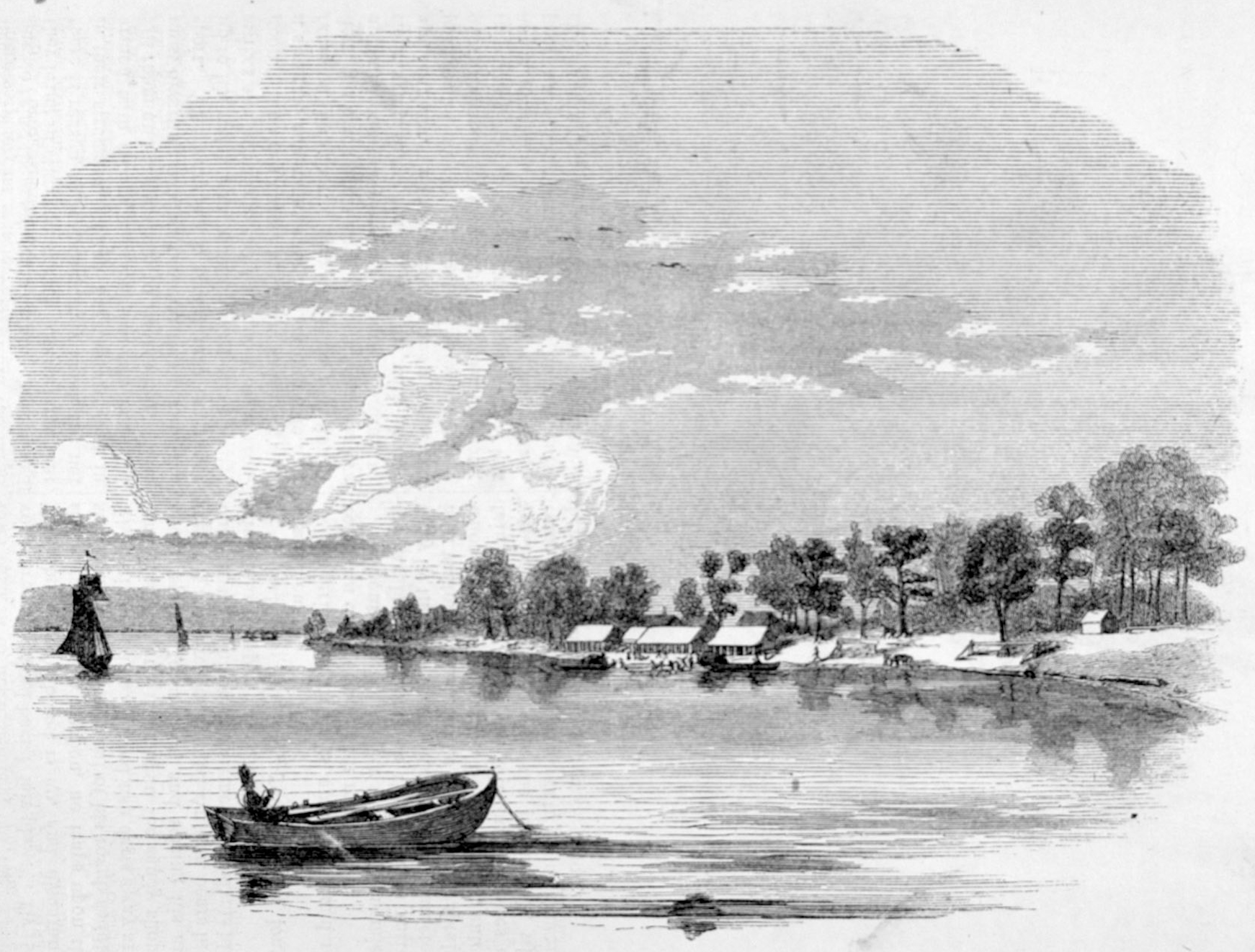 illustration of a boat anchored near a shoreline