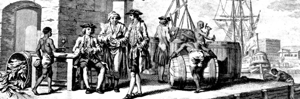 illustration of colonial era people along a waterfront